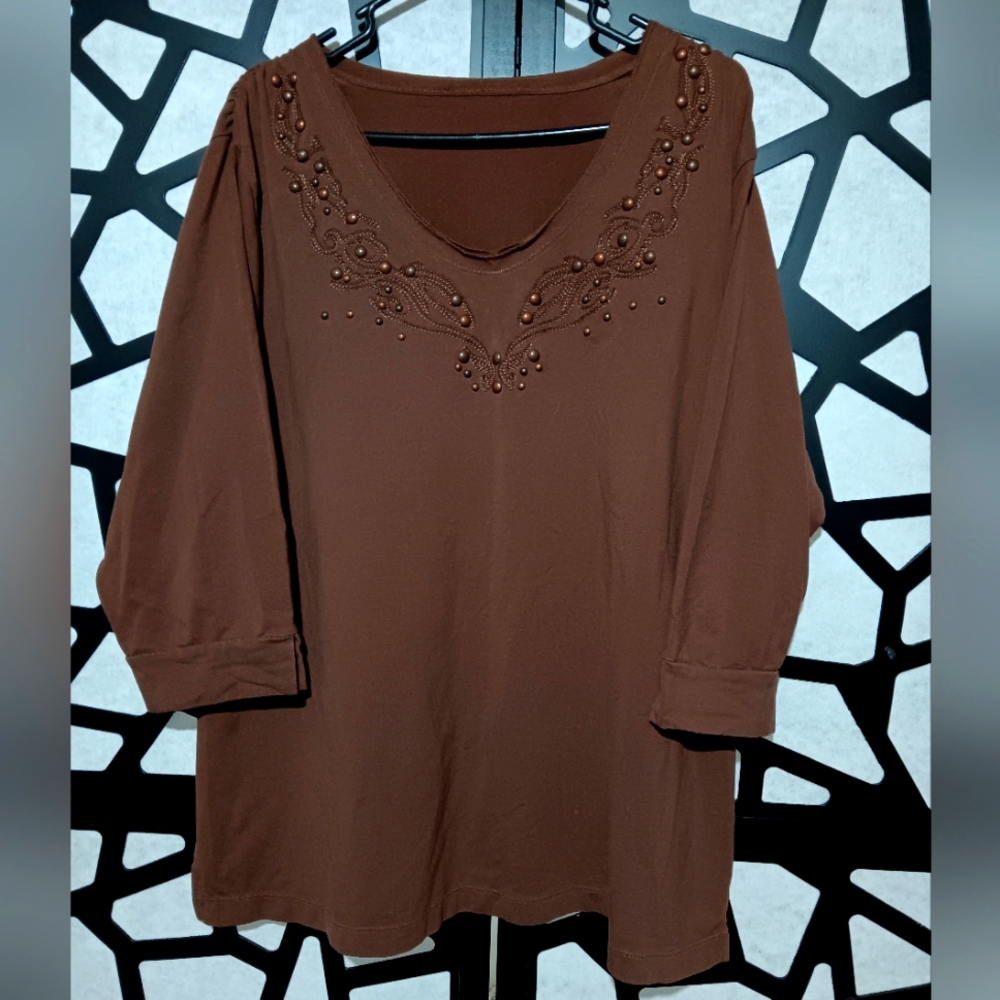 Western Studded Embroidery 3/4 Sleeved Shirt - Brown - One Size